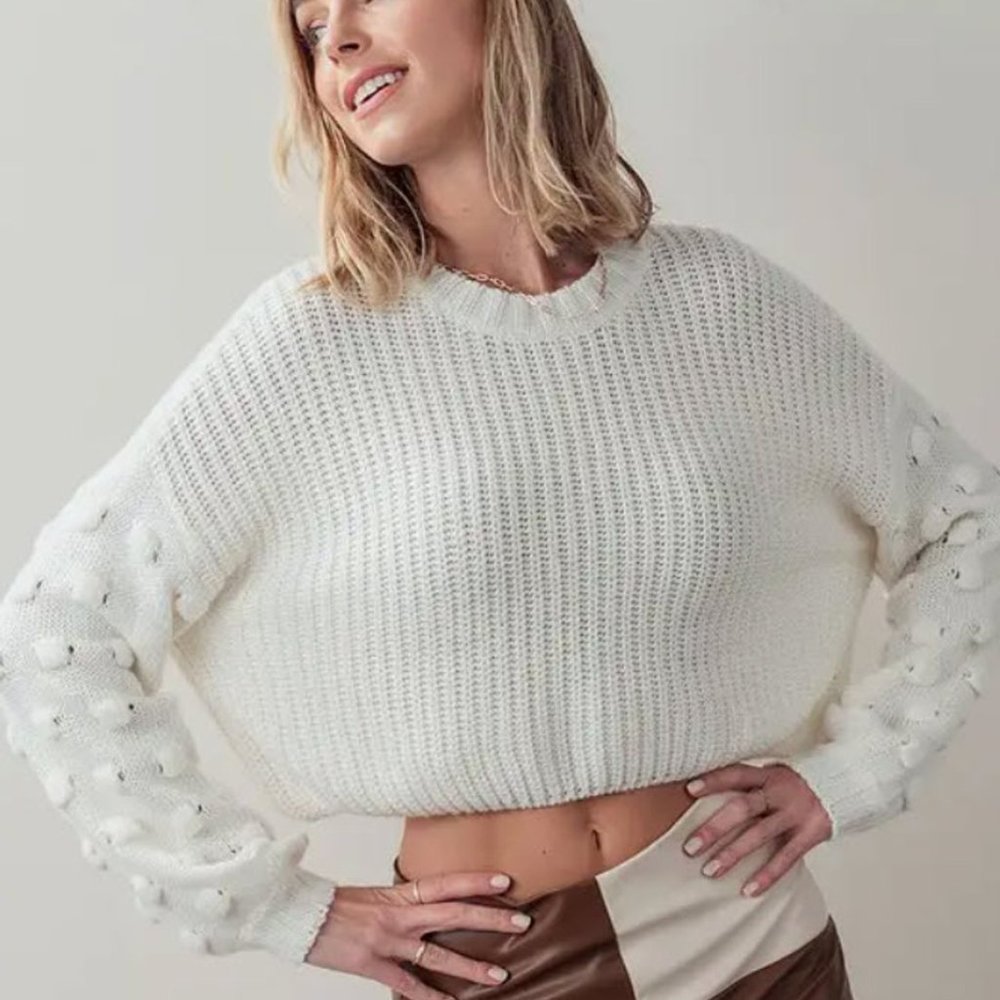 POM POM DETAIL SLEEVE ROUND NECK SWEATER